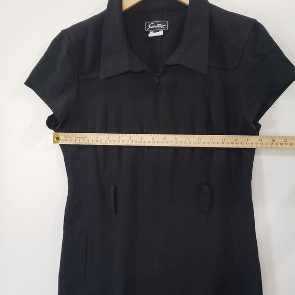 Vintage 90s Sweet Black Short Sleeve Collared  Dress Size 10 Front Zip Retro Mod - Picture 4 of 6